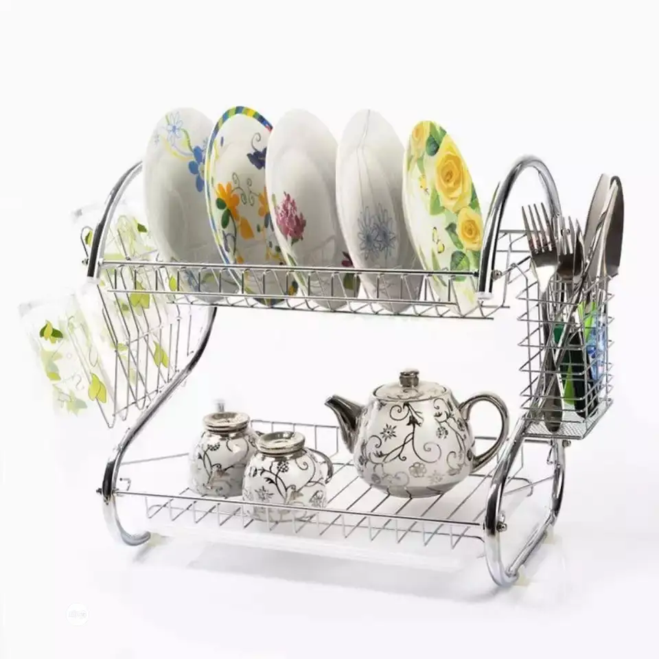 2 Layers Dish Drainer With Utensils and Glass Holder