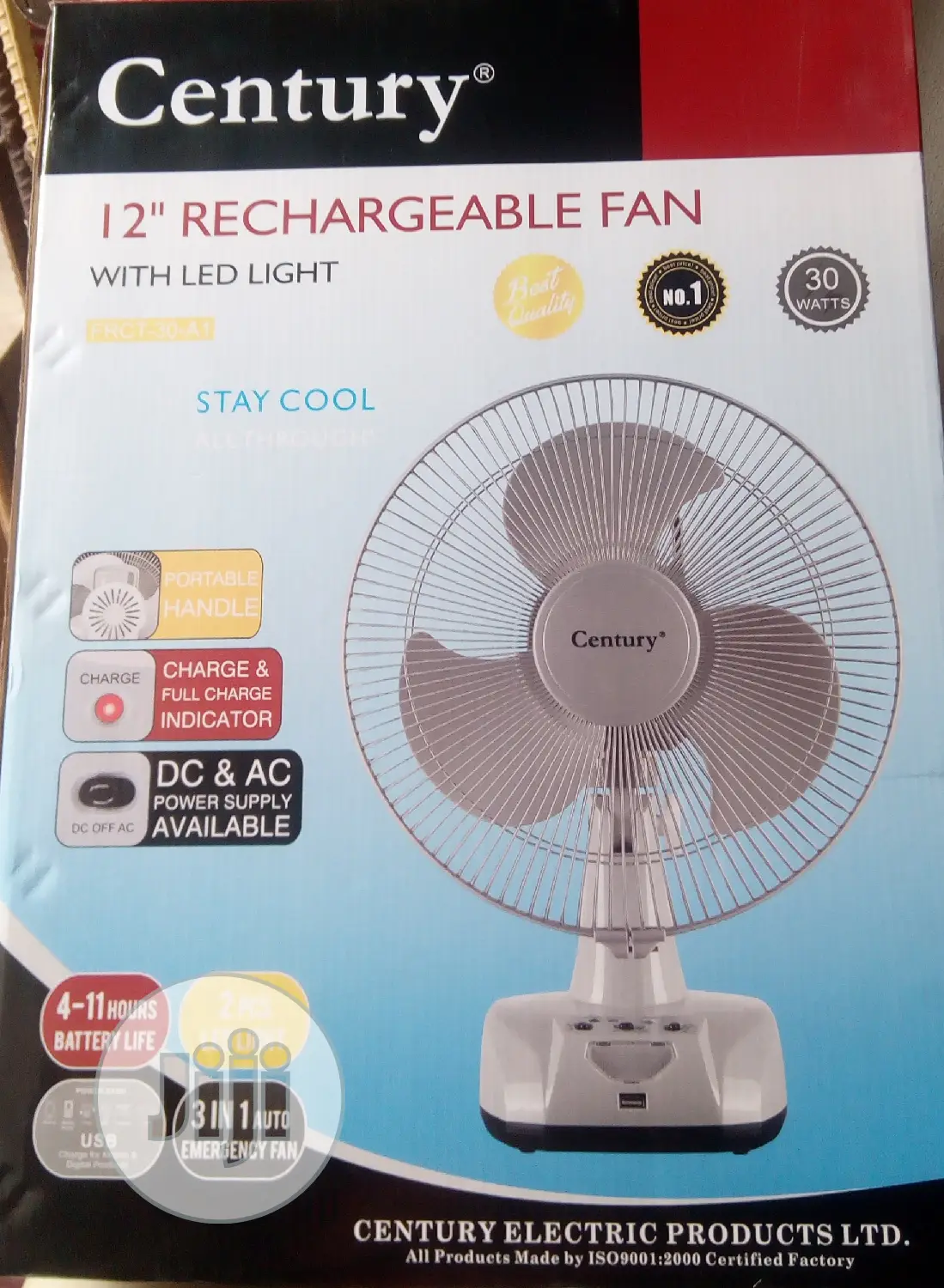 Century 12" Rechargeable Table Fan With Led Light