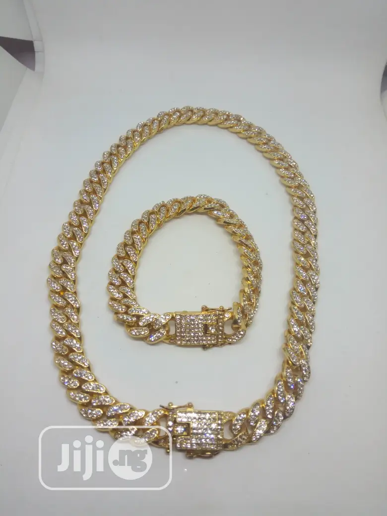 Studded Cuban Chocker Neck And Hand Chain With Lock