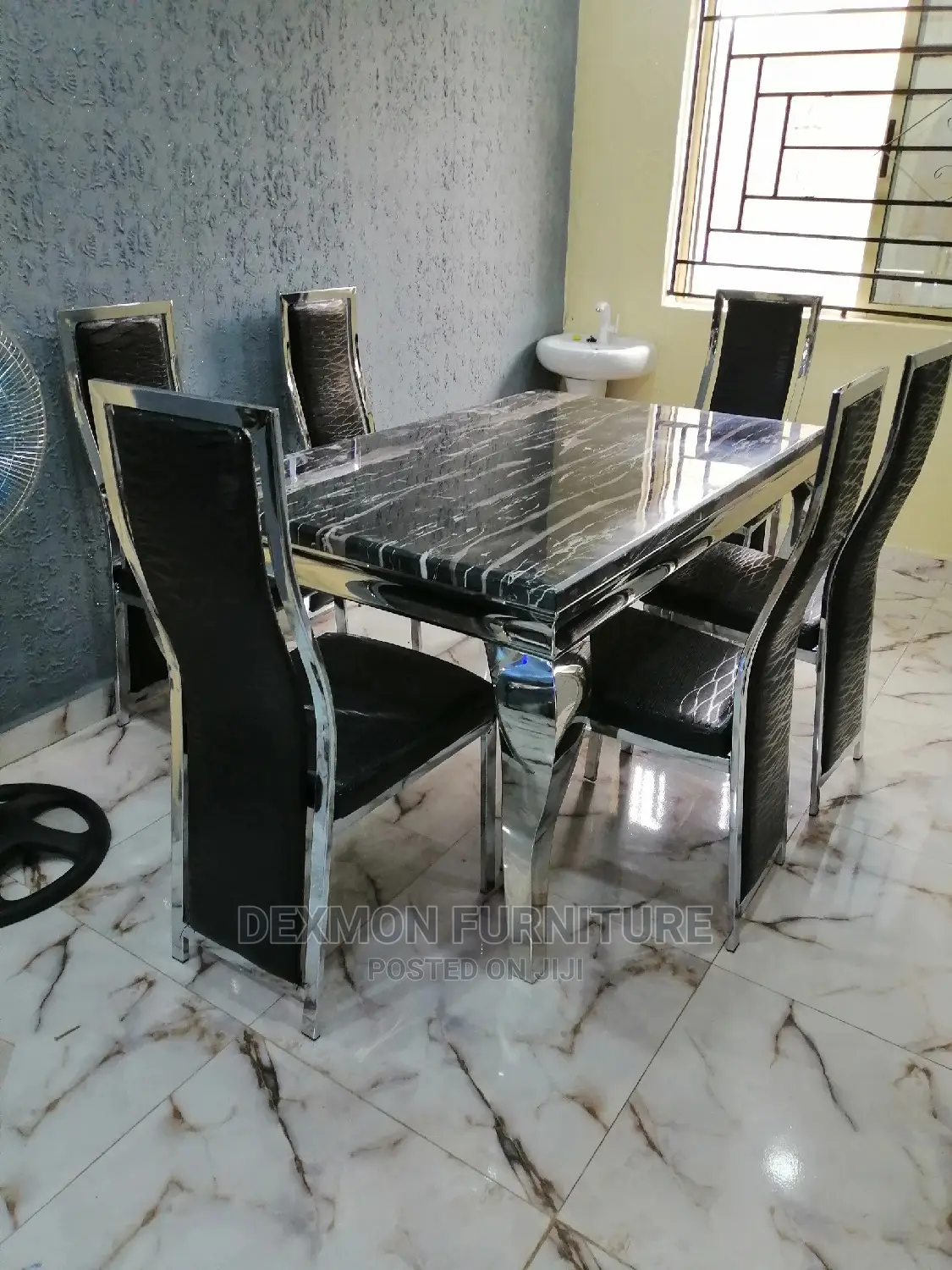 Modern 6 Seater Marble Top Dining Table Set.