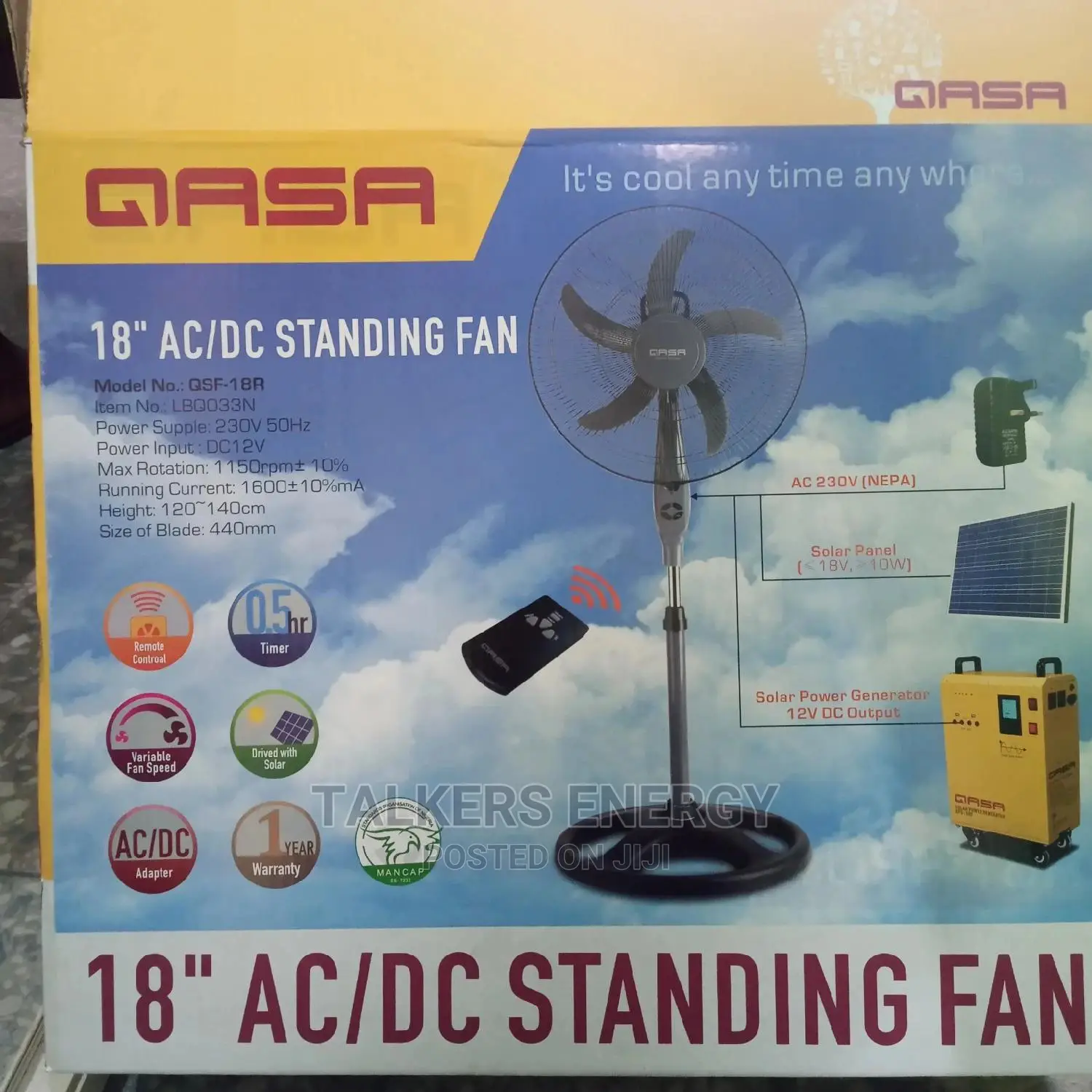 12vdc Standing Fan 18inches Qasa(Non-Rechargeable)