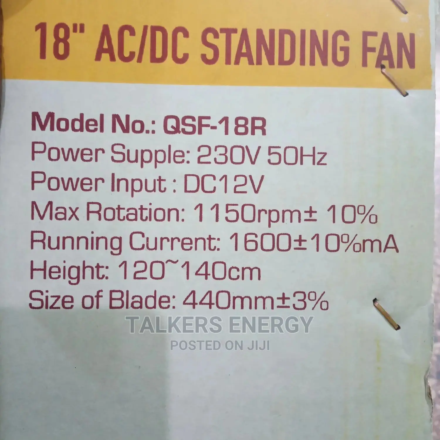 12vdc Standing Fan 18inches Qasa(Non-Rechargeable)
