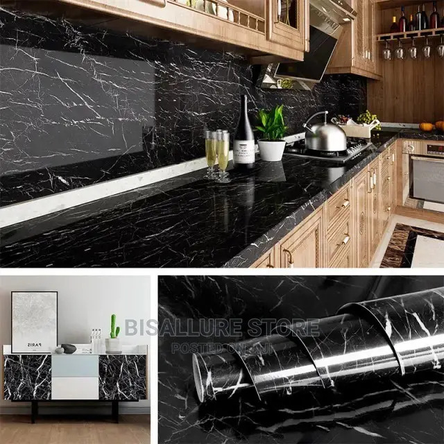 Black Adhesive Marble Wallpaper Sticker -60cm by 5M