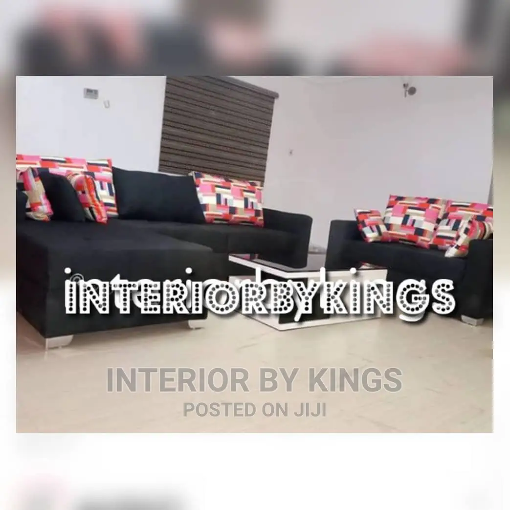 L-Shaped Fabric Sofa With Two Seater and a Coffee Table