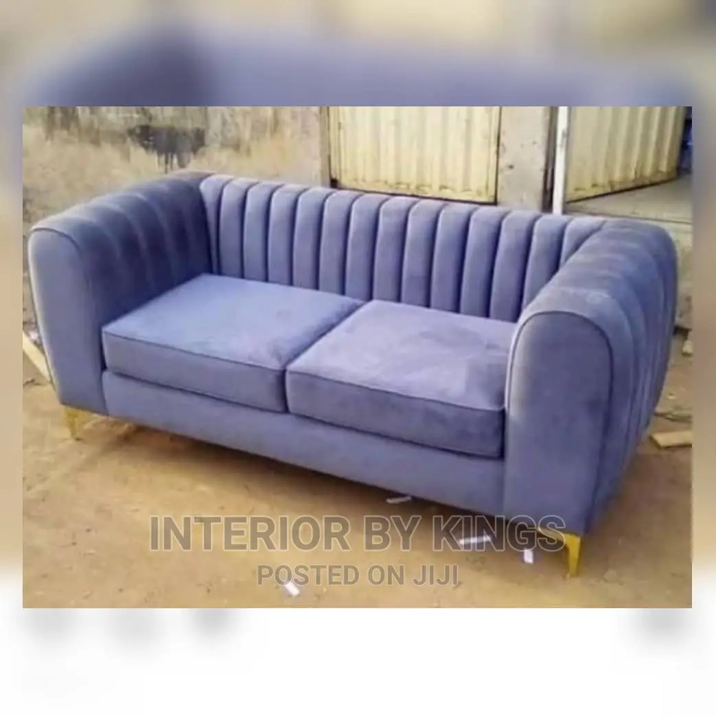3seater Light Blue Fabric Sofa With Gold Plated Legs