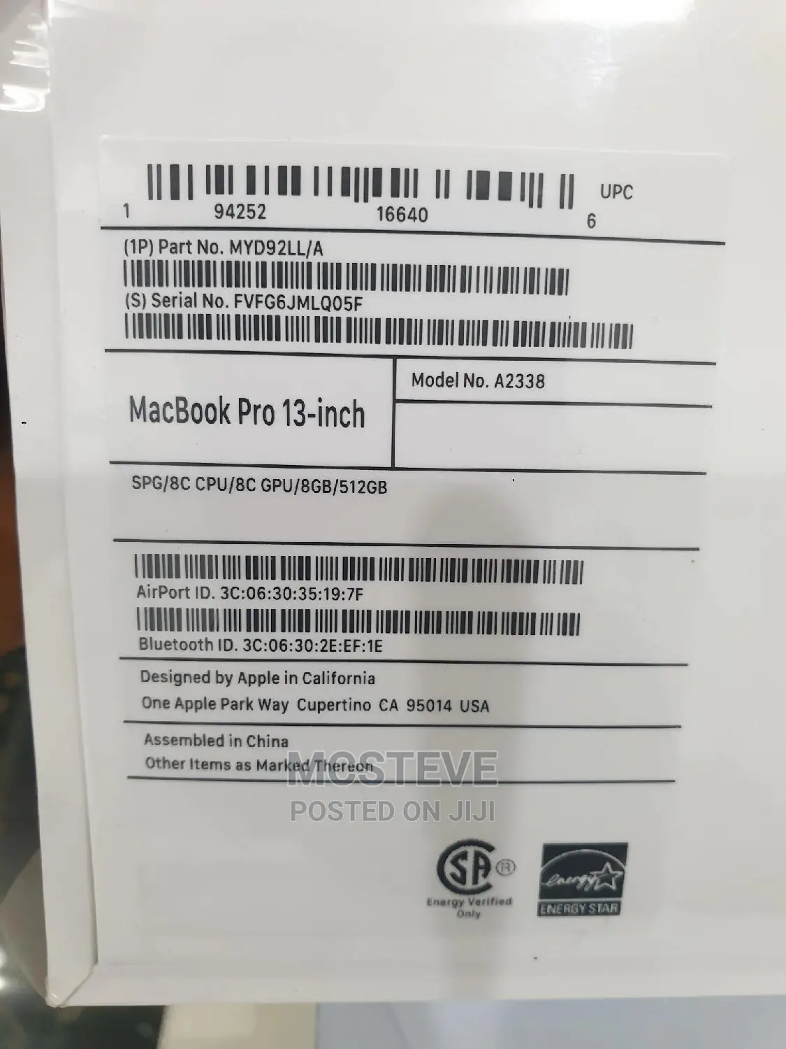New Laptop Apple MacBook Pro 2020 8GB Apple M1 SSD 512GB