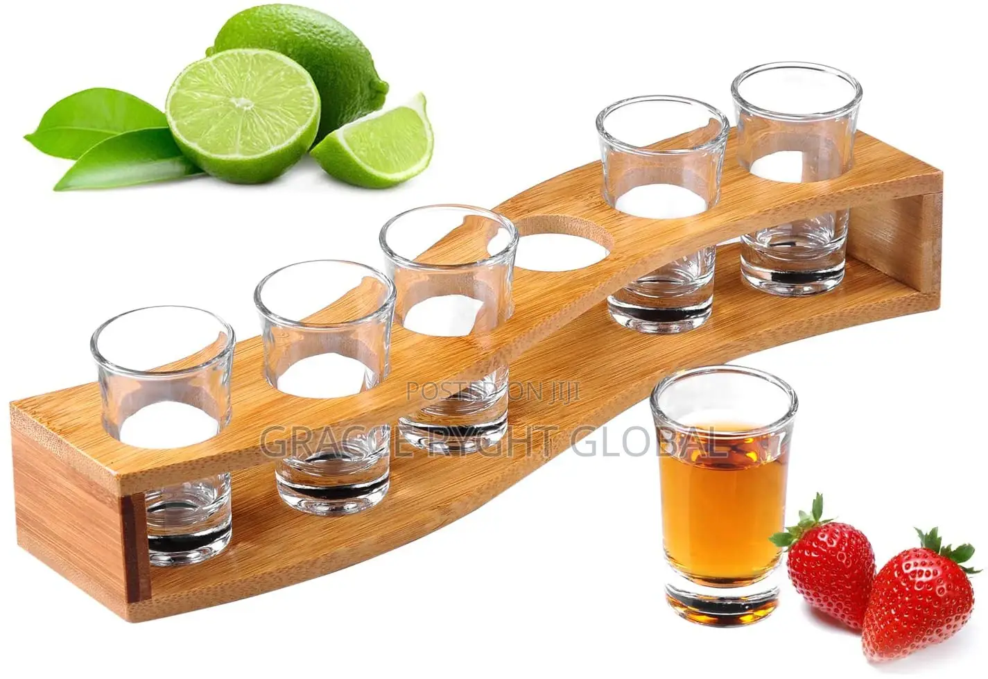 Tequila Shot Glasses and Wooden Rack