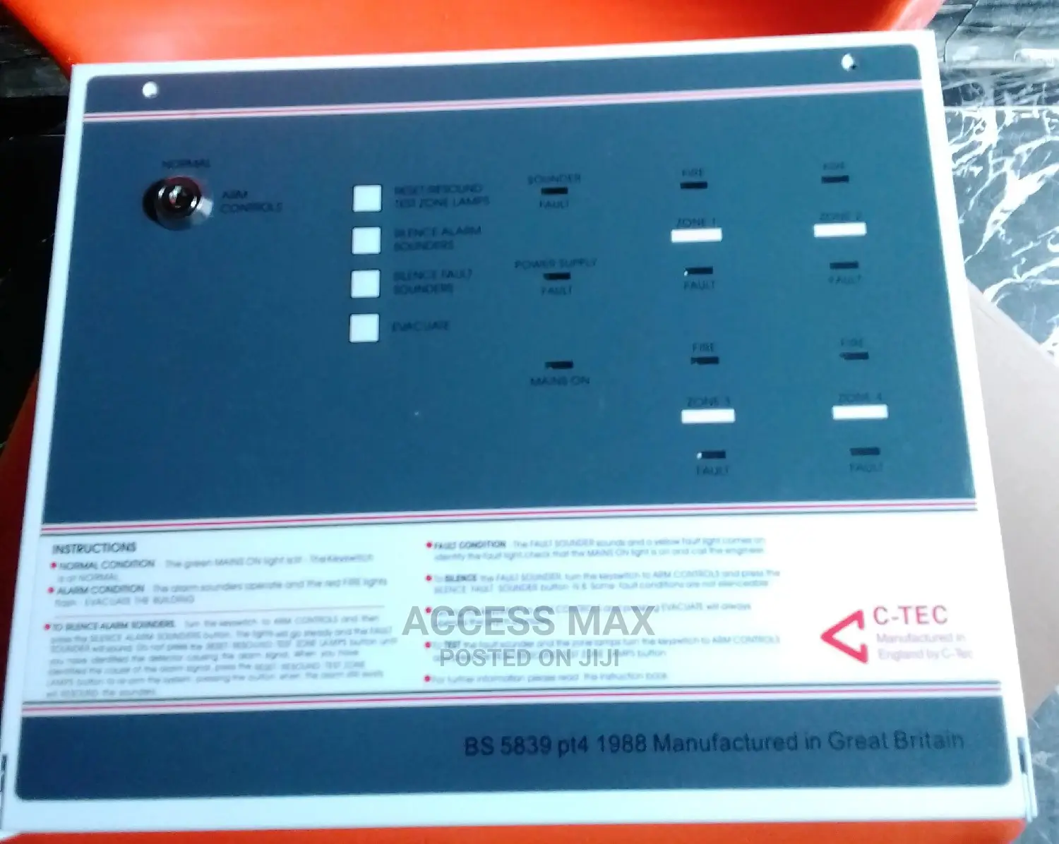 C Tec ) 4 Zone Fire Alarm Panel Metal. ( Conventional)