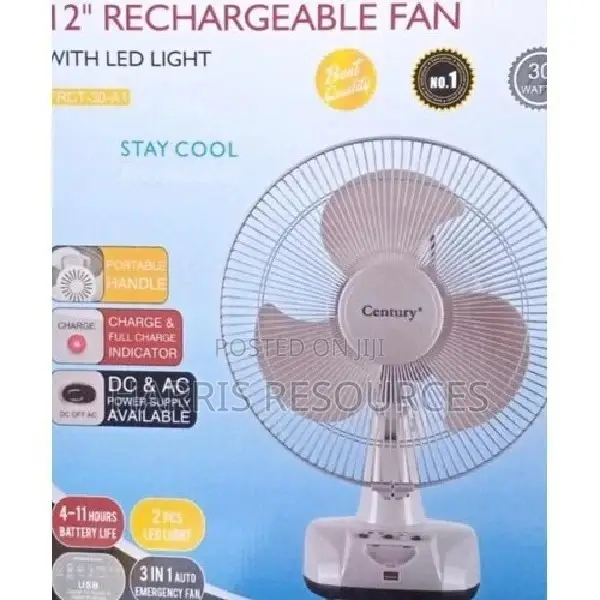 Century Rechargable Table Fan - Blades+LED Light