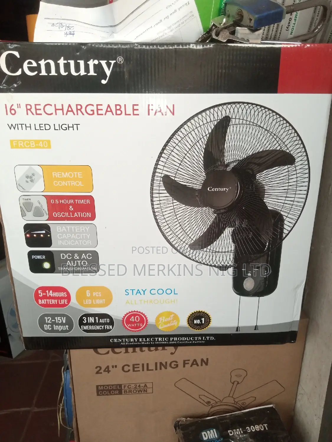 Century Rechargeable Wall Fan 16"