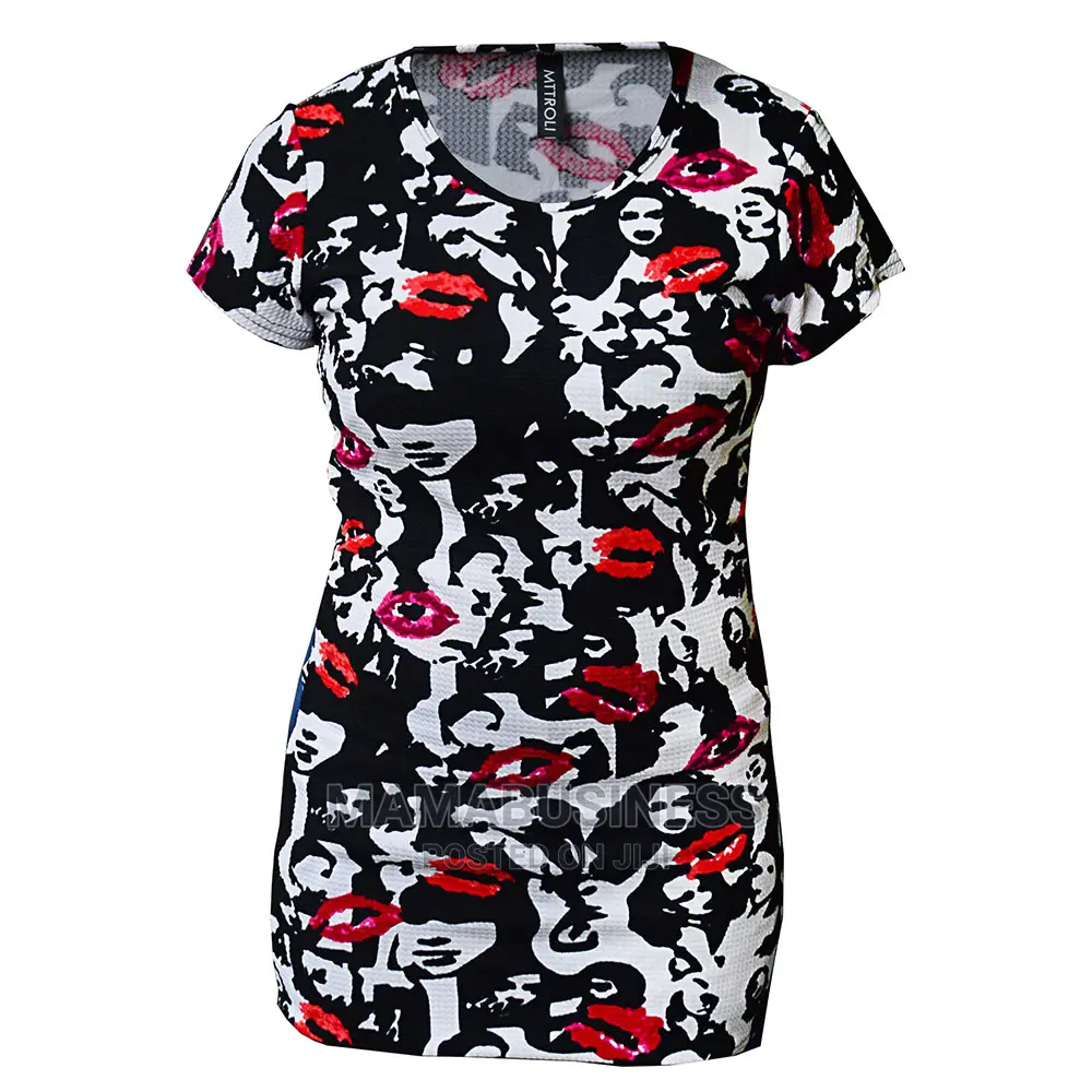 Ladies Short Sleeve Lips Print Top Blouse - Multicolour
