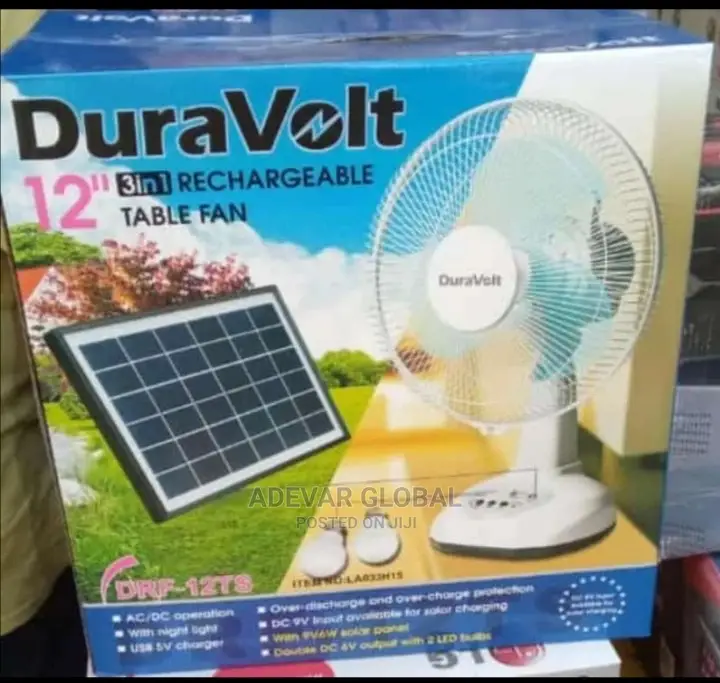 12 Inches Duravolt Rechargeable Table Fan Bulbs+Solar Panel