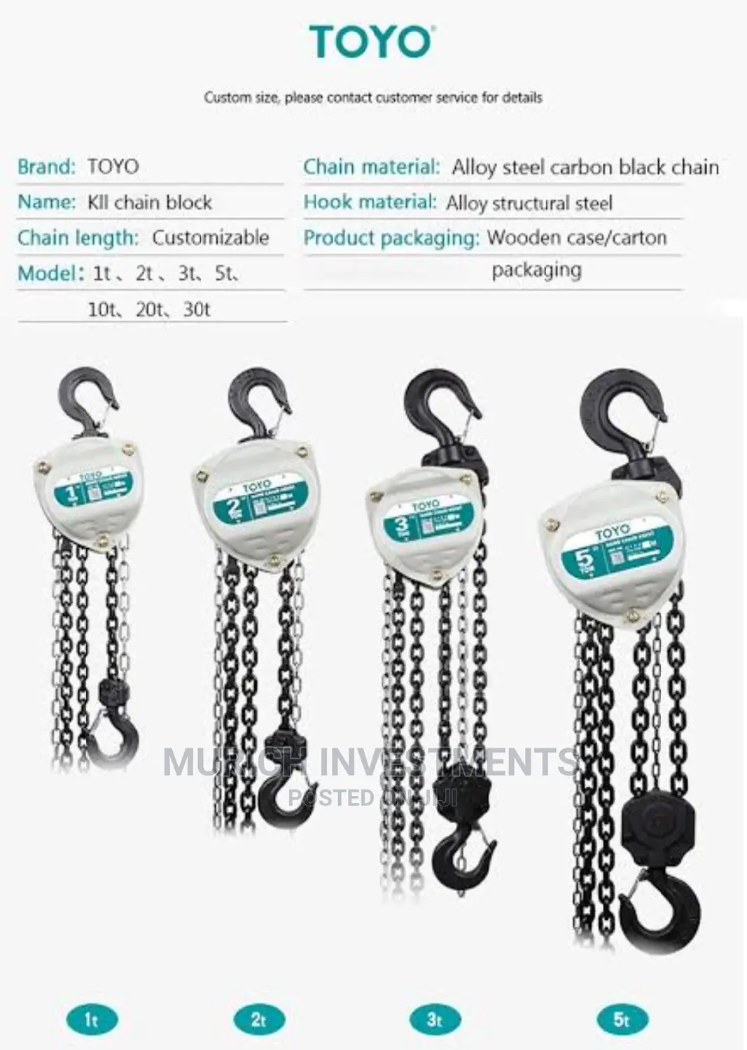 Toyo 10 Ton X 3meter Manual Lifting Hoist Chain Pulley Block