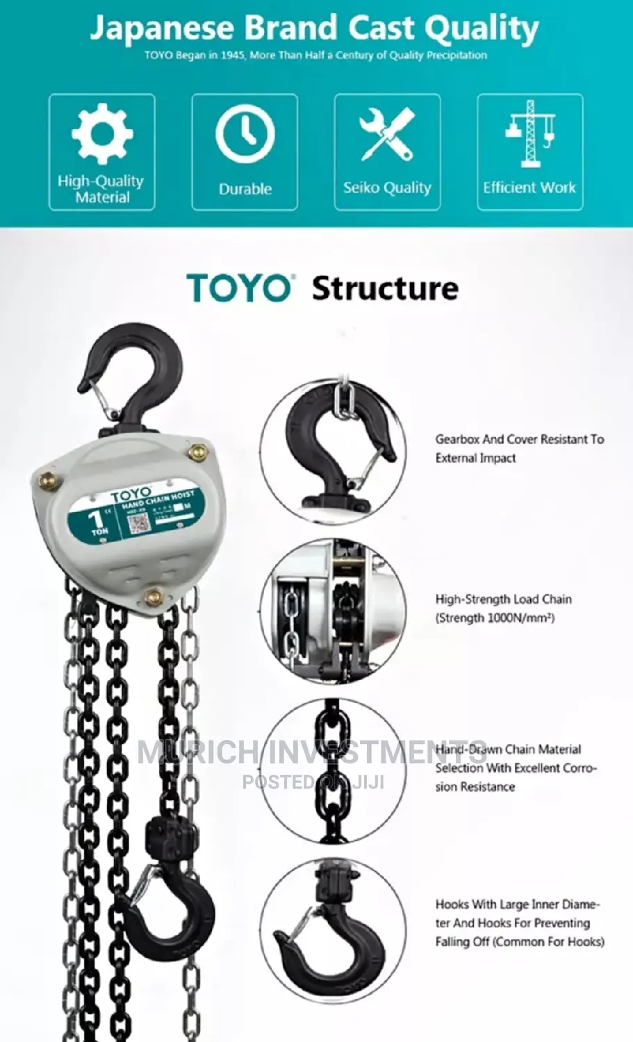 Toyo 10 Ton X 3meter Manual Lifting Hoist Chain Pulley Block