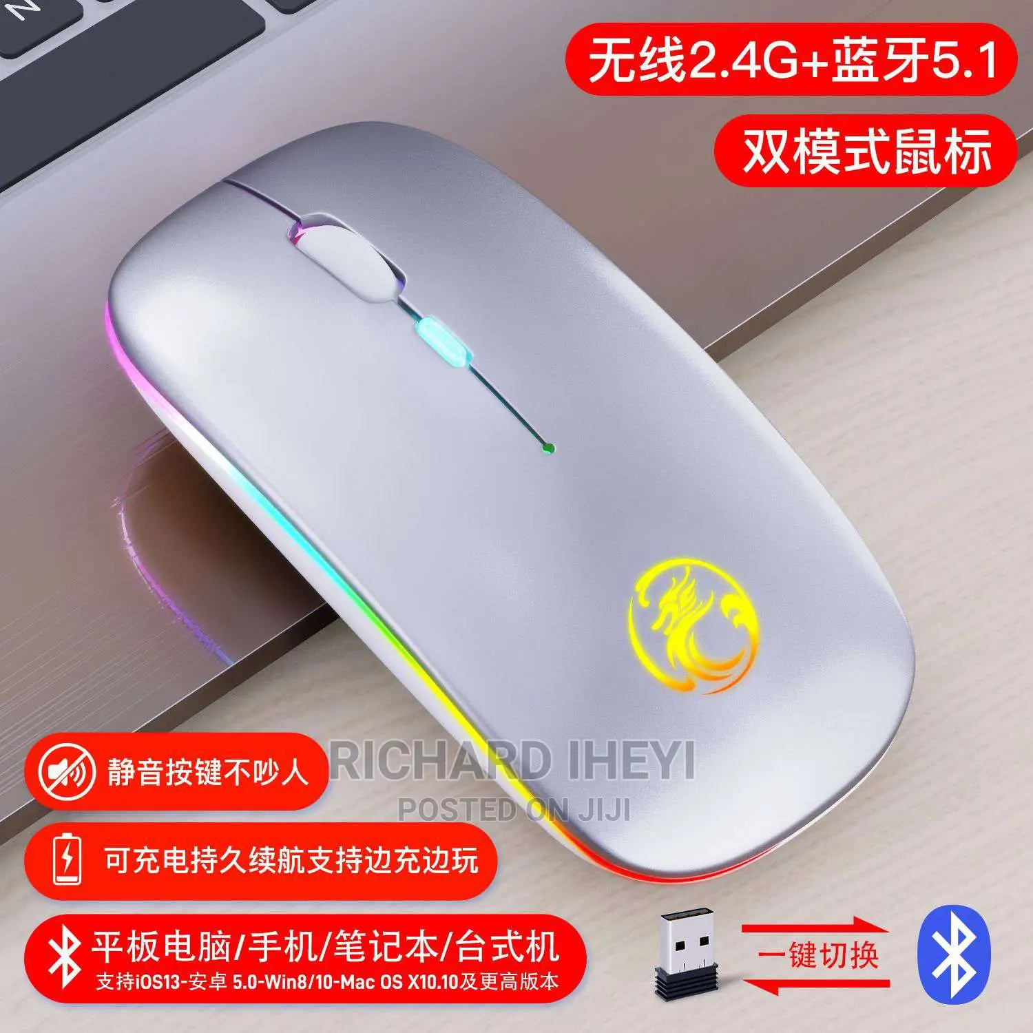Wireless Mouse Bluetooth RGB Rechargeable Ergonomic Mouse