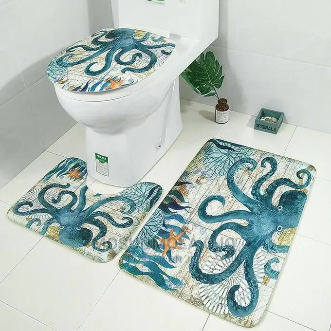 3pcs Bathroom Non-Slip Pedestal Rug+Lid Toilet Cover+Bath