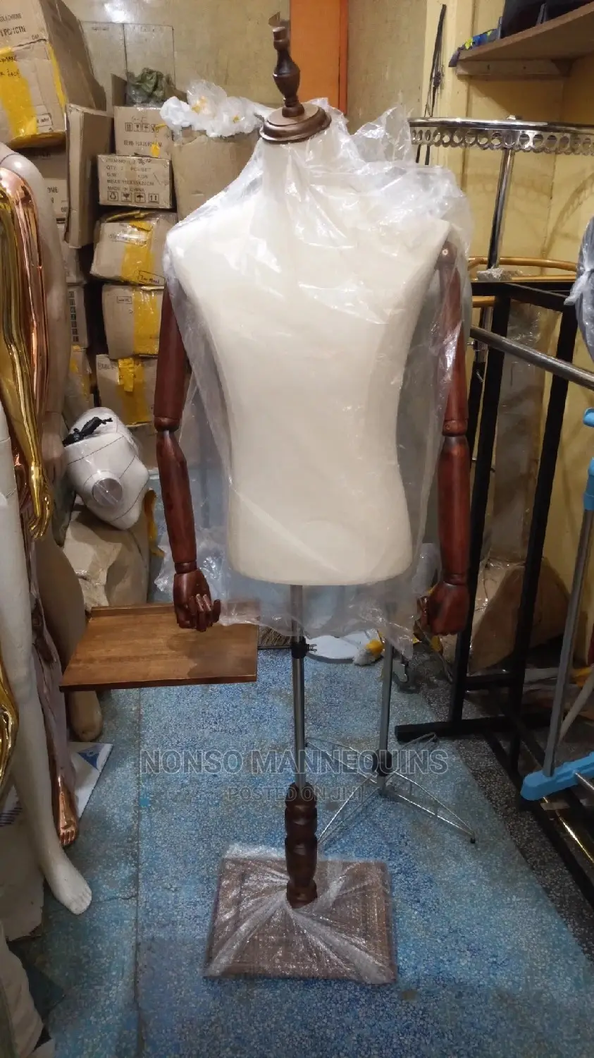 Male Dressform With Wooden Base Hands With Trouser Stand