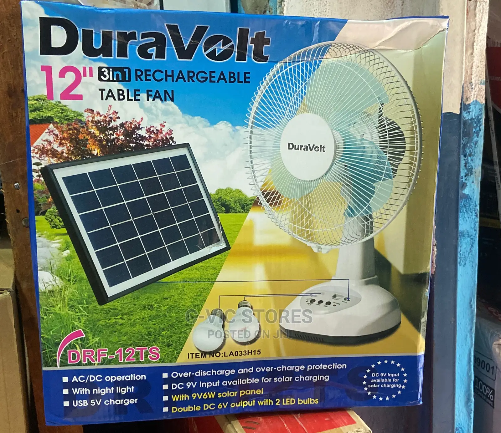 Duravolt Rechargeable Fan - 12" With Solar Panel Led Bulbs.