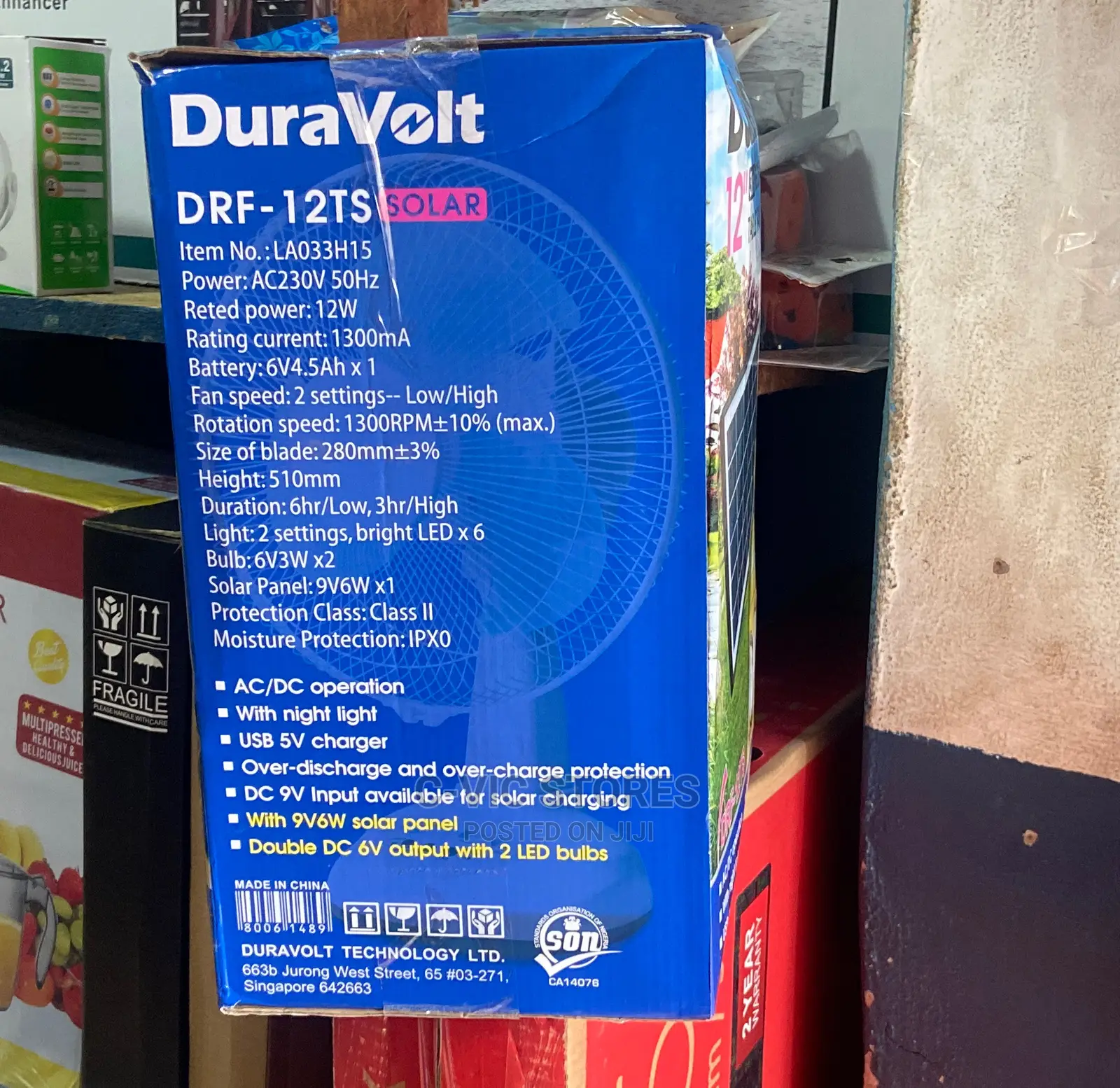 Duravolt Rechargeable Fan - 12" With Solar Panel Led Bulbs.