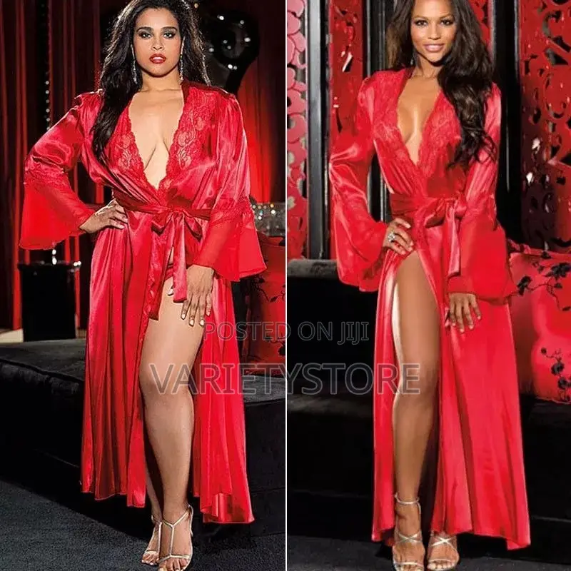 Women's Sexy Nightgown Silk Satin Robe, Long Lace Nightgown