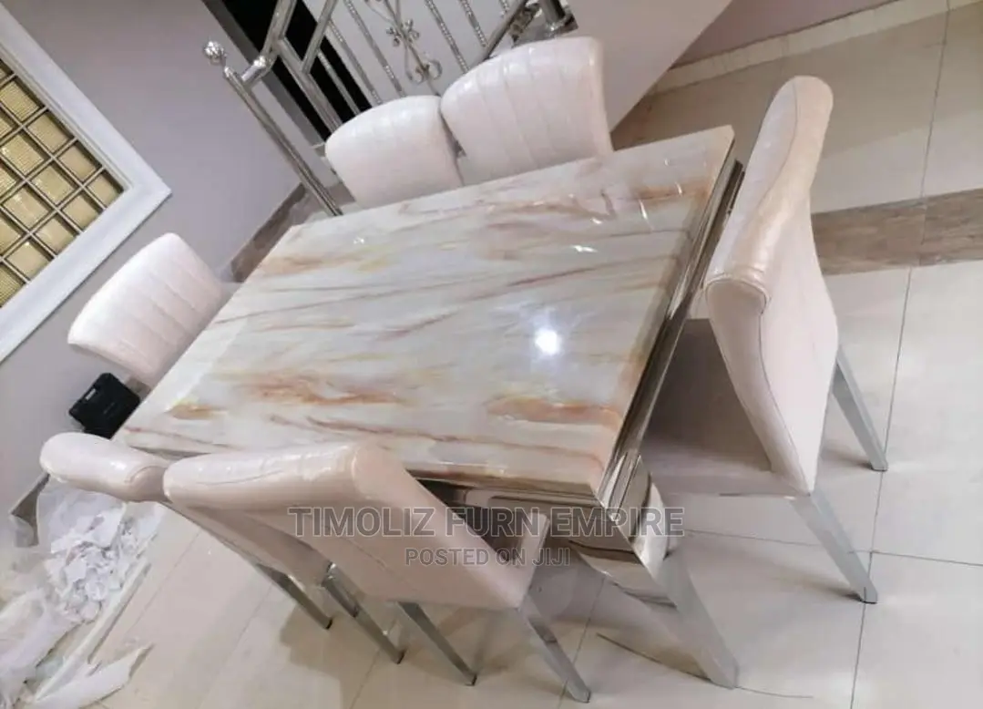 Luxury 6 Seater Marble Top Royal Dining Table Set.