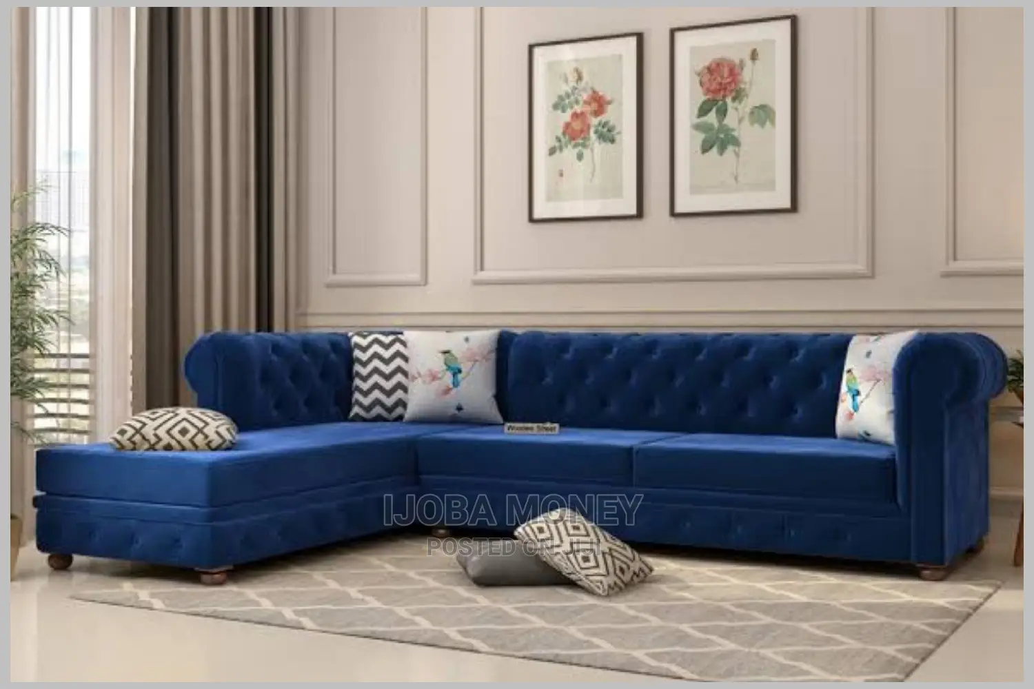 Modern L- Shaped Blue Fabric Sofa