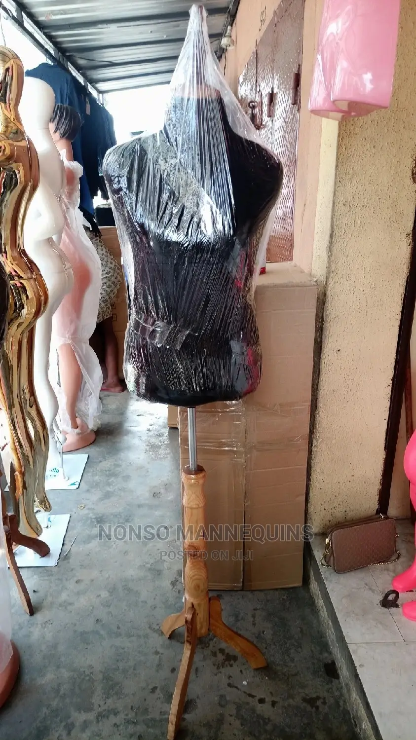 Female Black Body Dressform With Wooden Head and Base