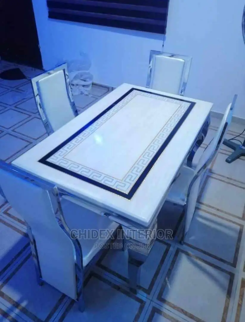4 Seaters Marble Top Versace Designed Dining Table Set.