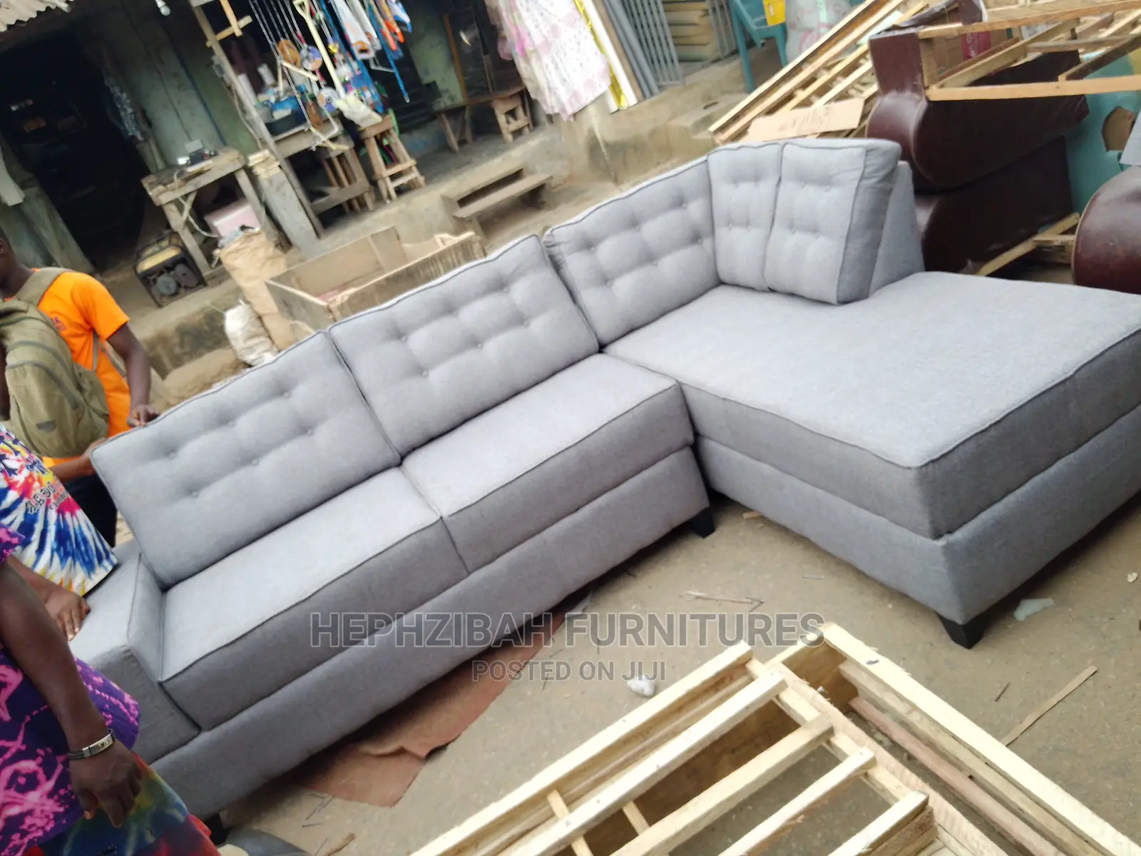 Grey L Shaped Fabric Sofa