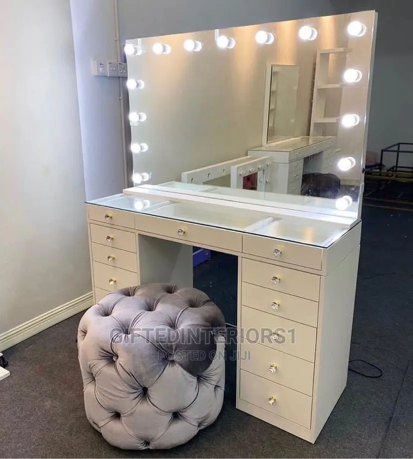 Dressing Table + Mirror With Led Lights And Padded Stool