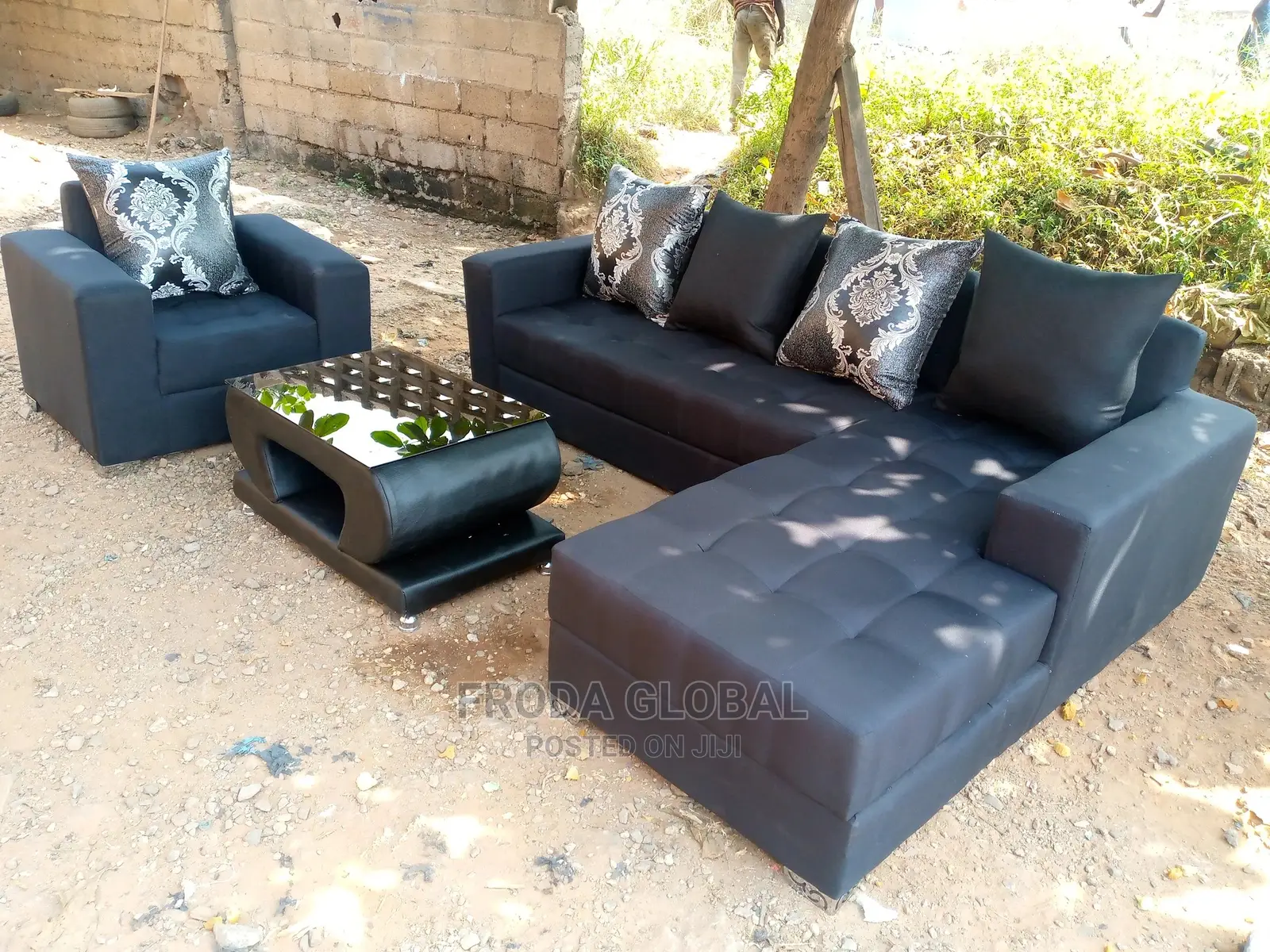 L-Shape Sofa With Single Chair and Table. Fabric Couch