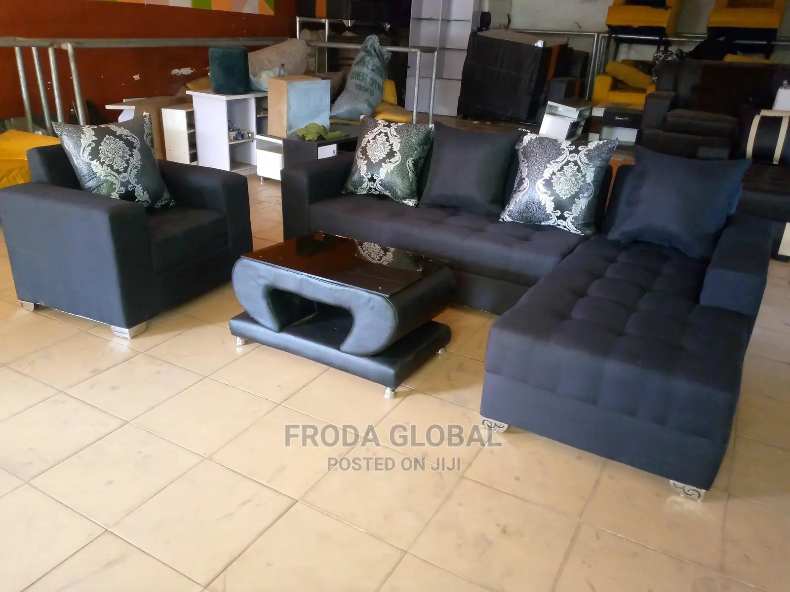 L-Shape Sofa With Single Chair and Table. Fabric Couch. Lsb1