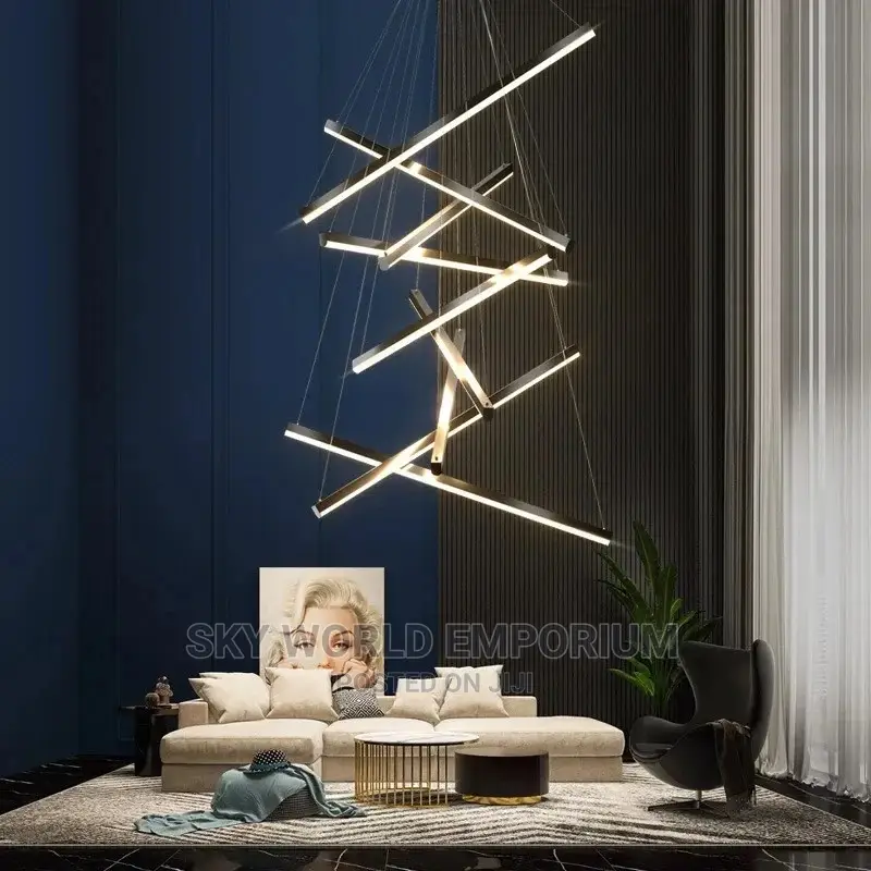 Modern Black Stair Chandelier Long LED Line