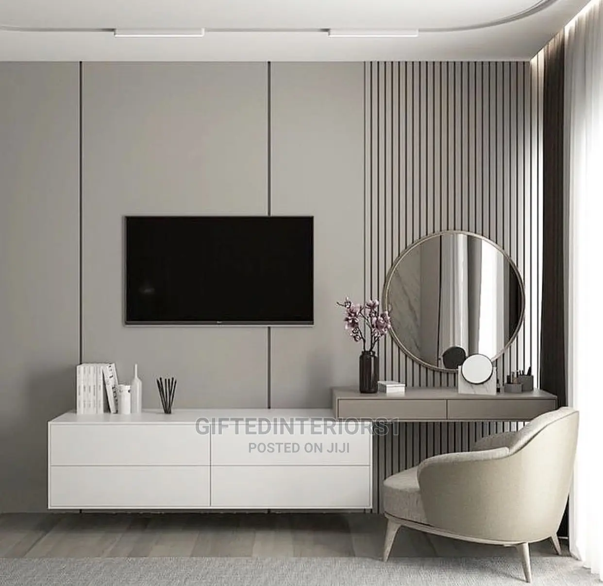 Tv Stand With Wall Cladding and Mirror