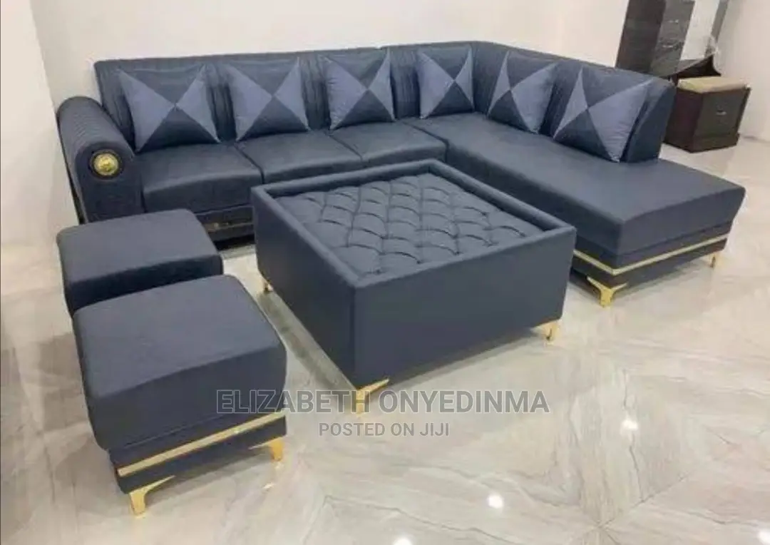 Luxury L Shaped Fabric Sofa Chair With Throw Pillows.
