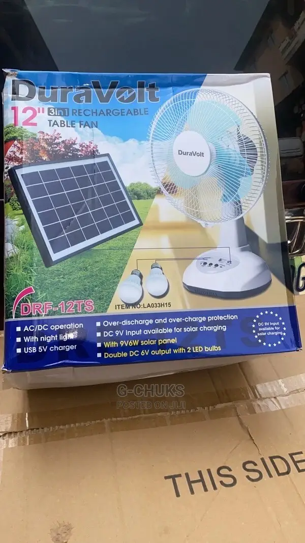 Duravolt 12" Rechargeable Table Fan With Solar Panel/2 Bulb