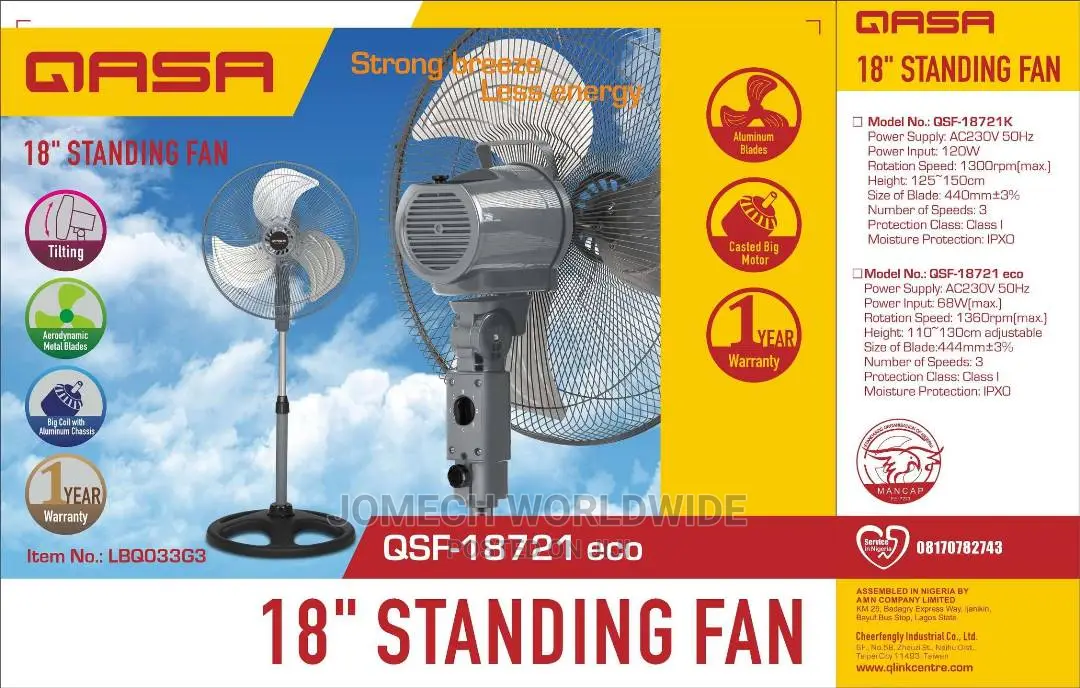18" Qasa Standing Fan New