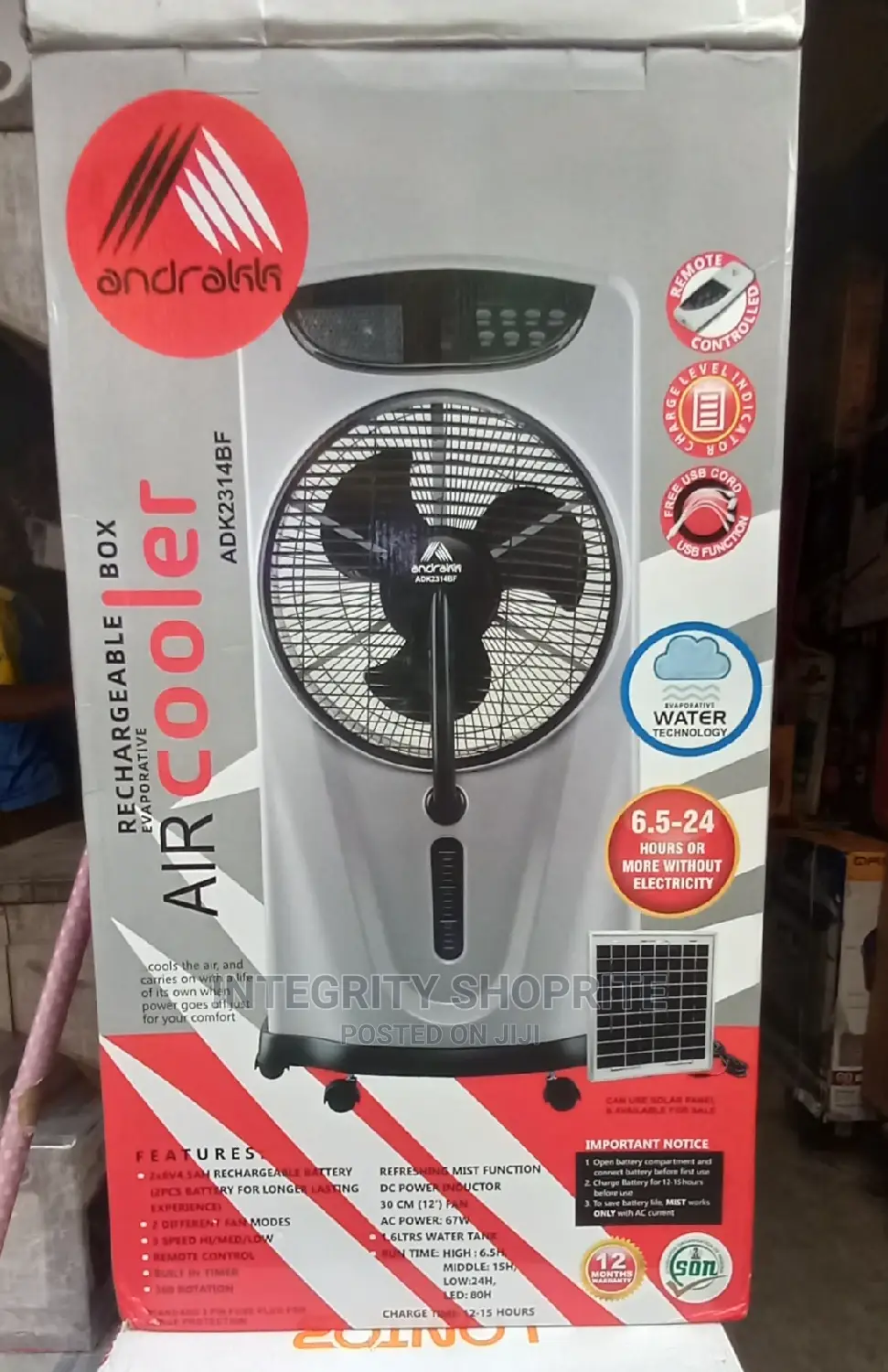 Andrakk Rechargeable Box Mist (WATER) Fan With Wheels + Remo