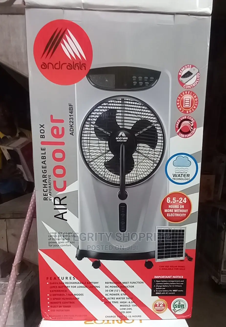 Andrakk Rechargeable Box Mist (WATER) Fan With Wheels + Remo