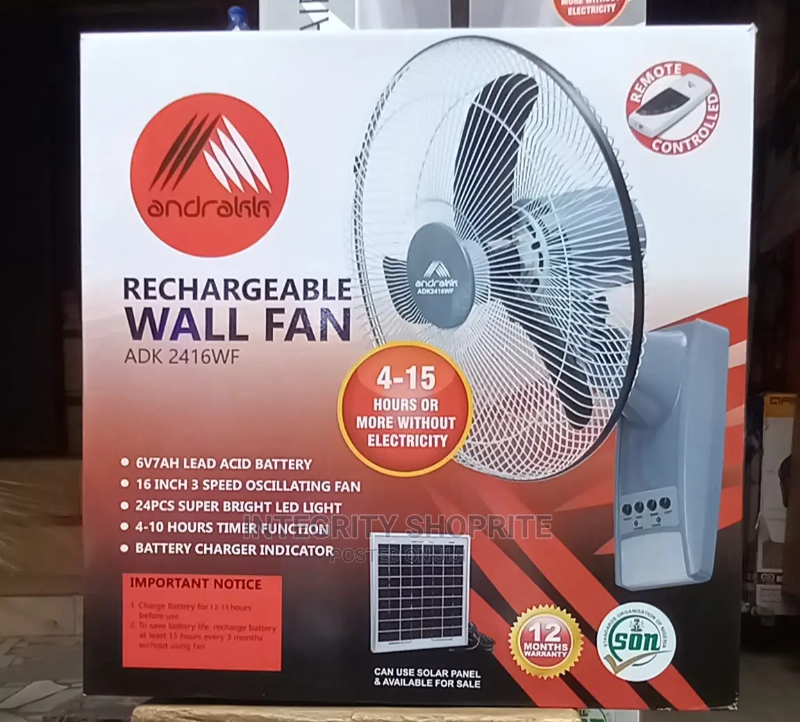Andrakk 16'' Rechargeable Wall Fan With Remote