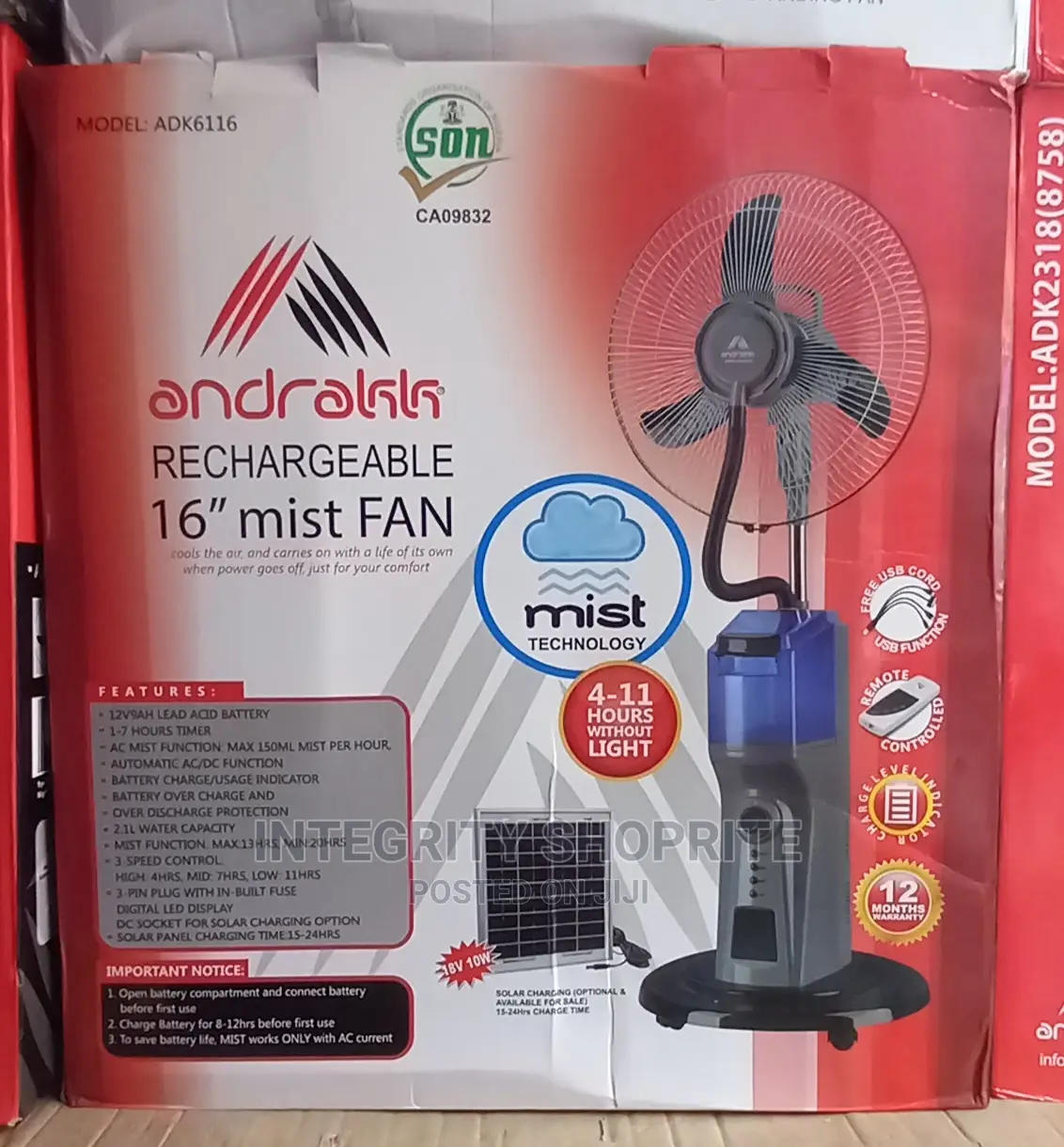 Andrakk Rechargeablewater Mist Fan With Remote Control