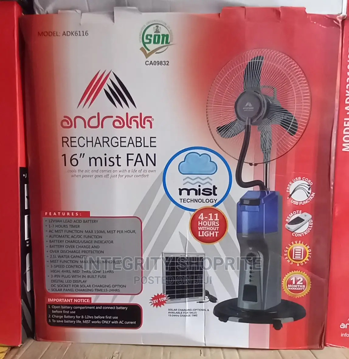 Andrakk Rechargeablewater Mist Fan With Remote Control