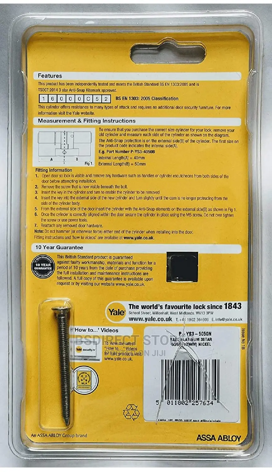 Yale Platinum Nickel-plated Brass Euro Cylinder Lock, L100mm