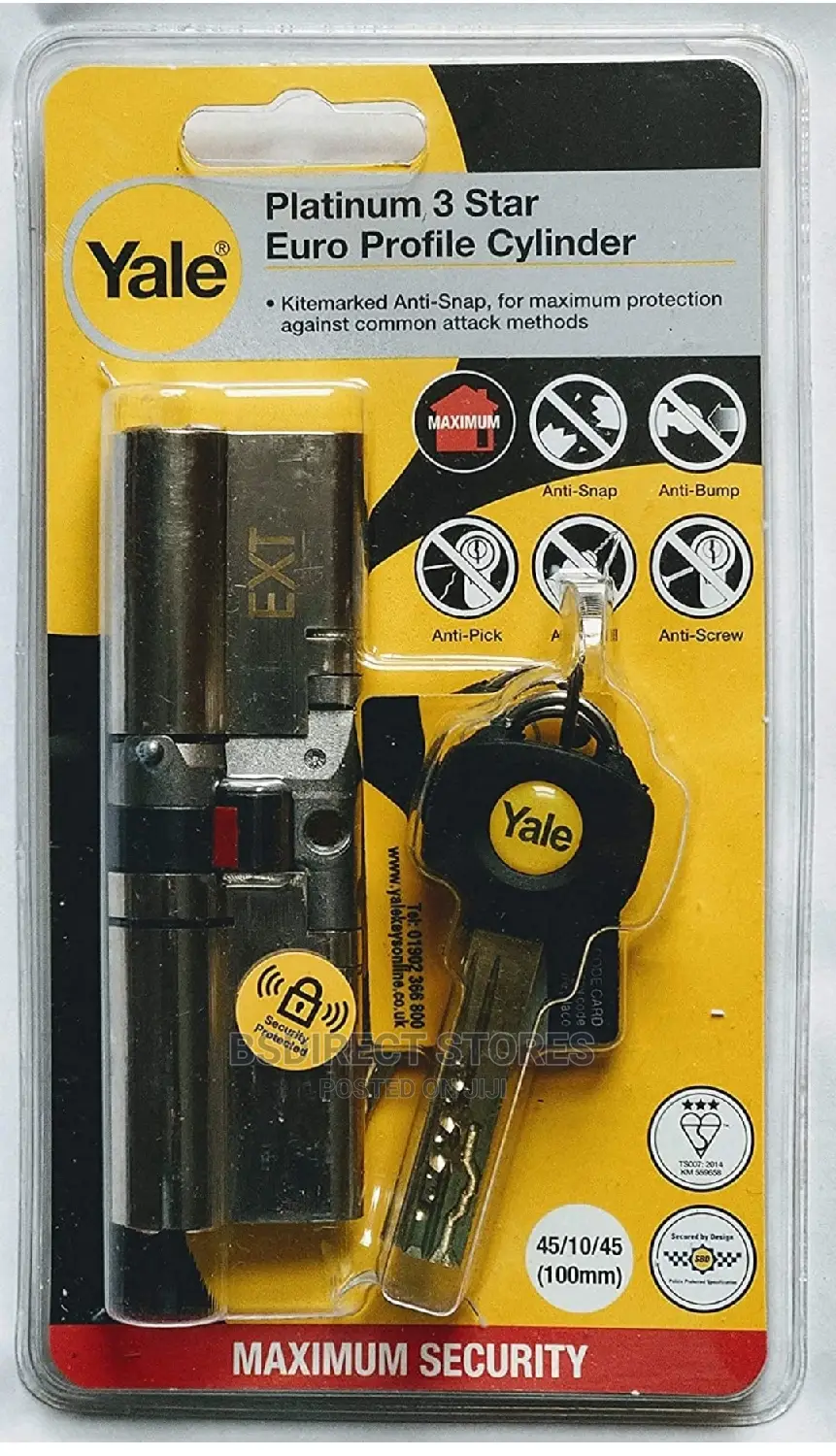 Yale Platinum Nickel-plated Brass Euro Cylinder Lock, L100mm