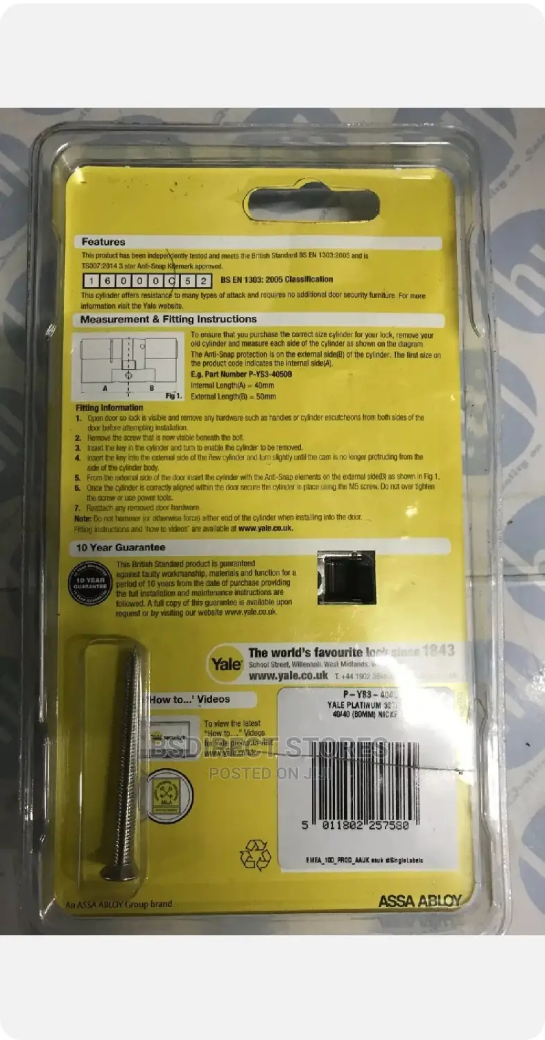 Yale Platinum Nickel-plated Brass Euro Cylinder Lock, L 80mm