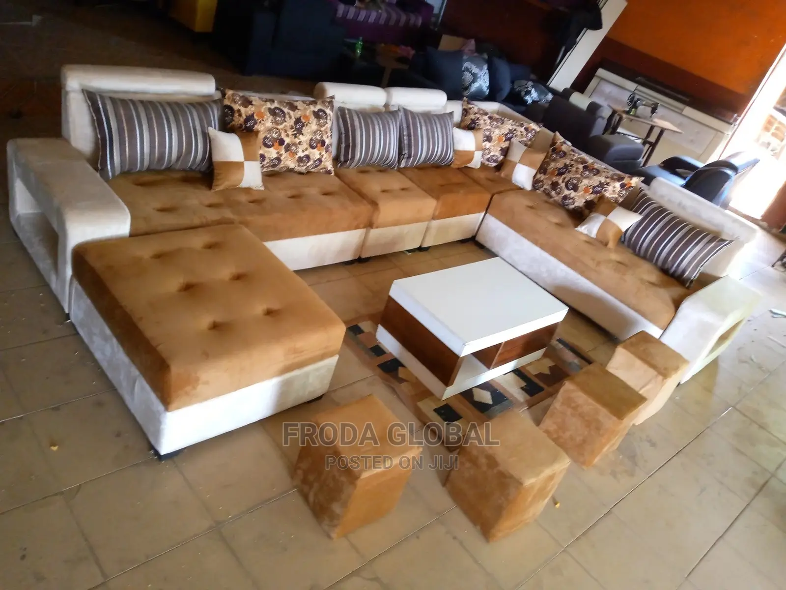 U-Shaped Sofa Chairs With Pillows,Table, Stools. Fabric Couch. Laj97