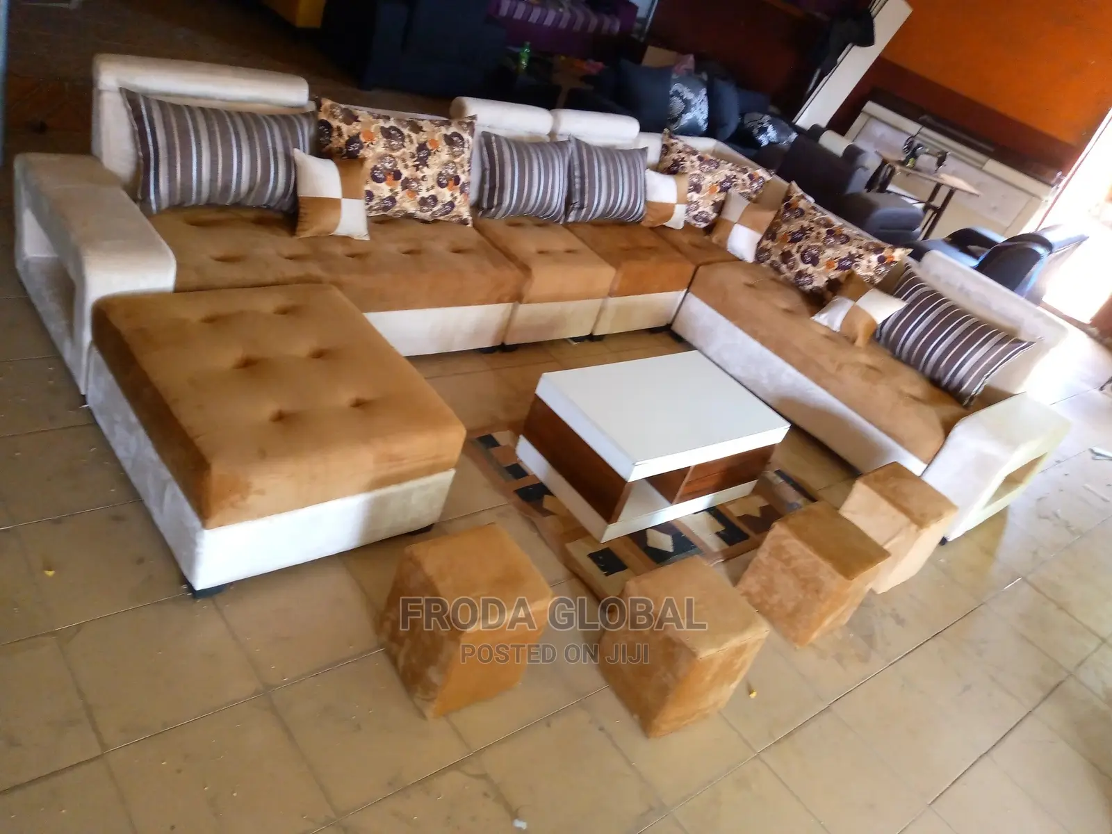 U-Shaped Sofa Chairs With Pillows,Table,Stools. Fabric Couch. Ebno4