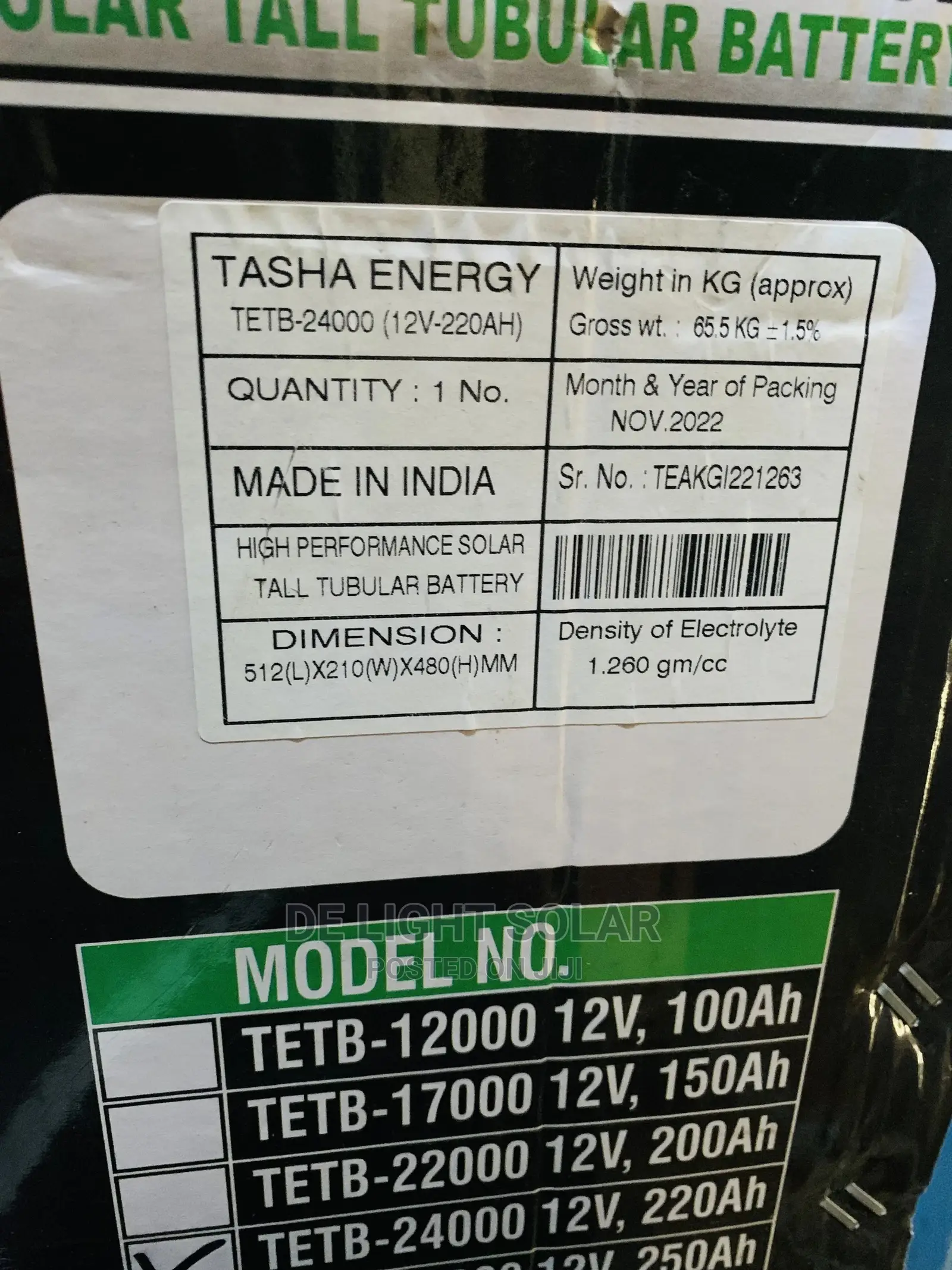 Tasha Energy Tubular Battery 220ah