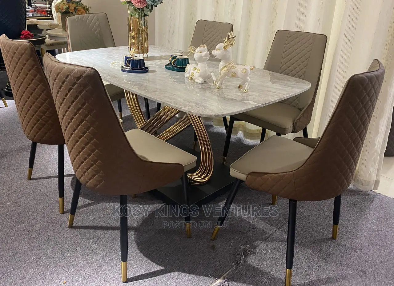 Luxurious Marble Dinning Table With Six Leather Chairs