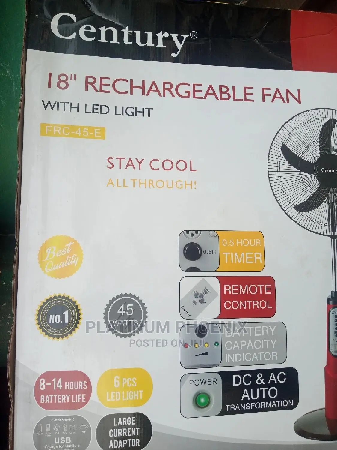18" Century Rechargeable Standing Fan